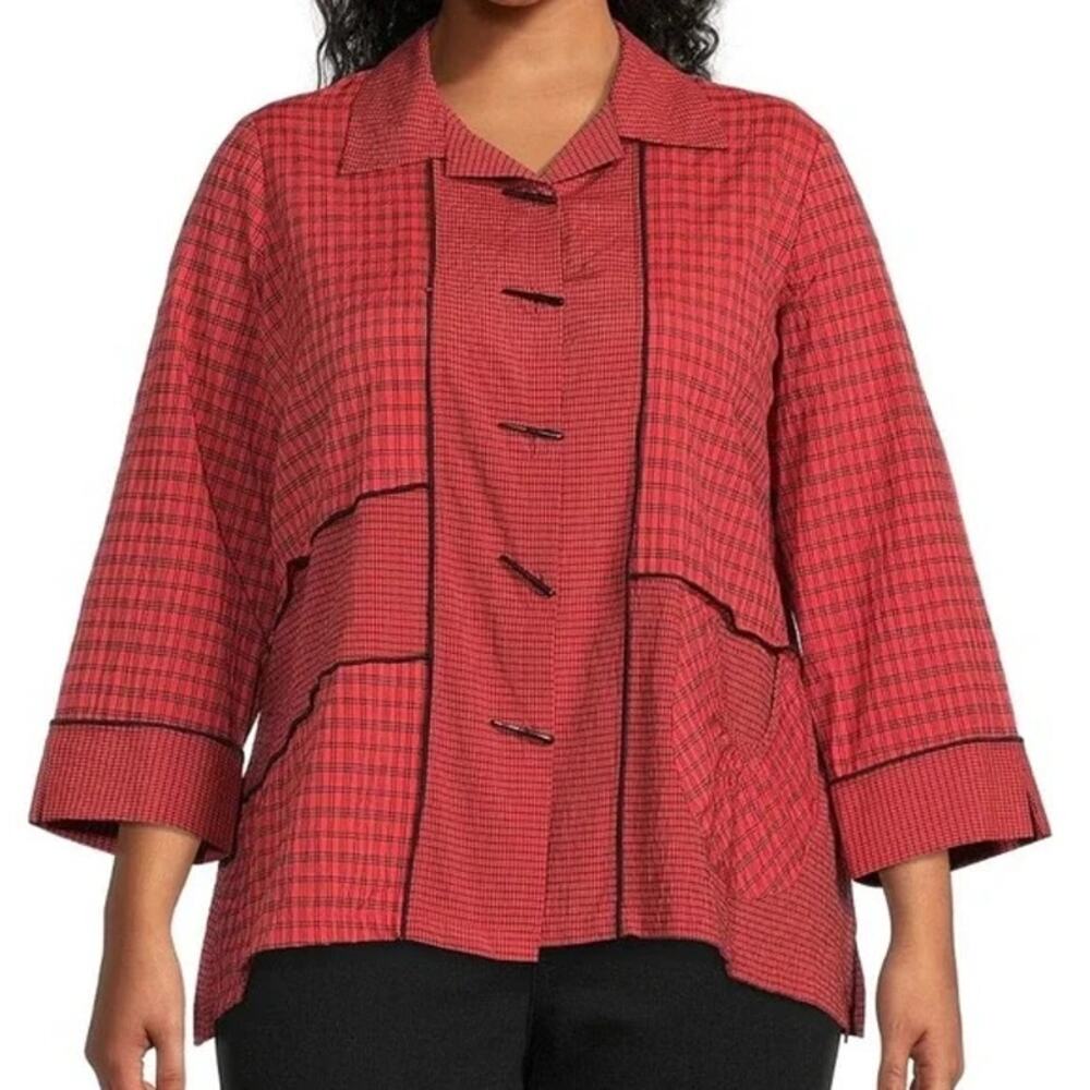 Ali Miles Textured Pattern Woven Pucker 3/4 Sleeve Button Front Top Blouse XL